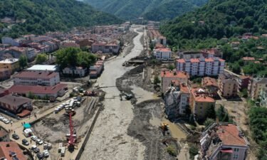 An aerial view of a pontoon bridge being built up over the Ezine Stream after torrential rain led to flash floods in the town of Bozkurt in Turkey