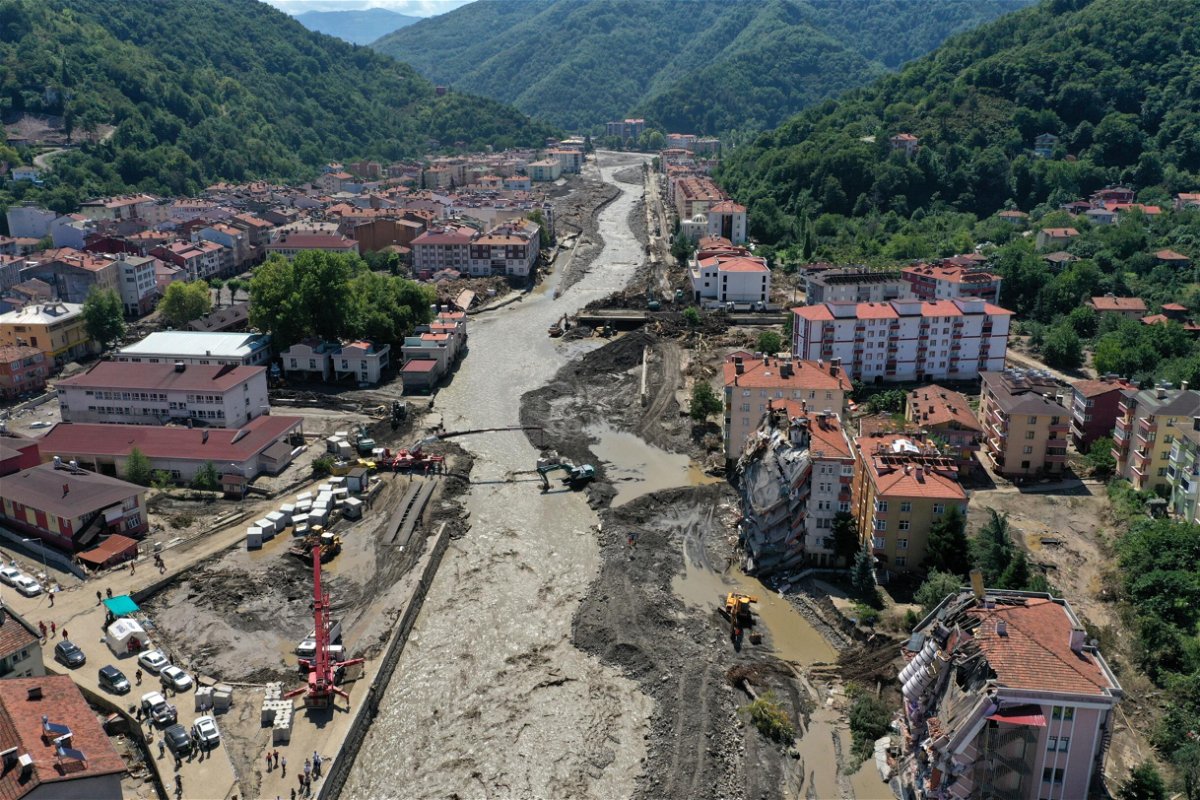 <i>Bilal Kahyaoglu/Anadolu Agency/Getty Images</i><br/>An aerial view of a pontoon bridge being built up over the Ezine Stream after torrential rain led to flash floods in the town of Bozkurt in Turkey