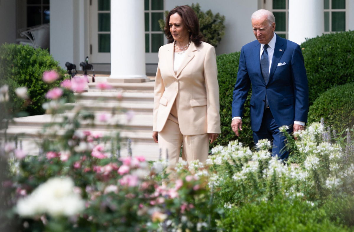 <i>SAUL LOEB/AFP/Getty Images</i><br/>US President Joe Biden and US Vice President Kamala Harris arrive for a ceremony commemorating the 31st anniversary of the Americans with Disabilities Act (ADA)