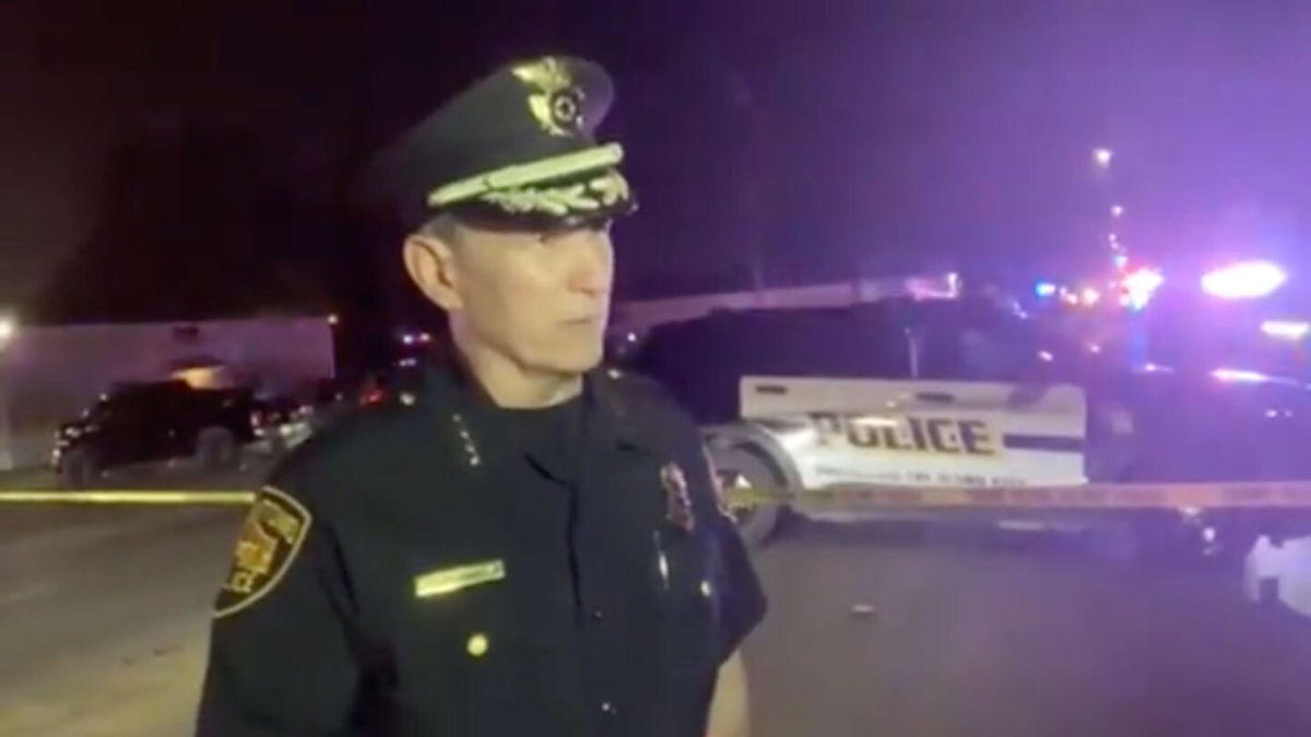 <i>Chief Bill McManus/San Antonio Police Department</i><br/>San Antonio Police Chief William McManus talks to reporters at the scene of a shooting outside a sports bar on Sunday