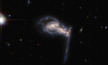 NASA/ESA Hubble Space Telescope captures a three-way gravitational tug-of-war between interacting galaxies.