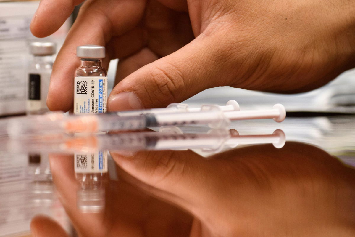 <i>PATRICK T. FALLON/AFP/Getty Images</i><br/>Vials and syringes of the Johnson and Johnson Janssen Covid-19 vaccine are displayed for a photograph at a Culver City Fire Department vaccination clinic on August 5 in Culver City
