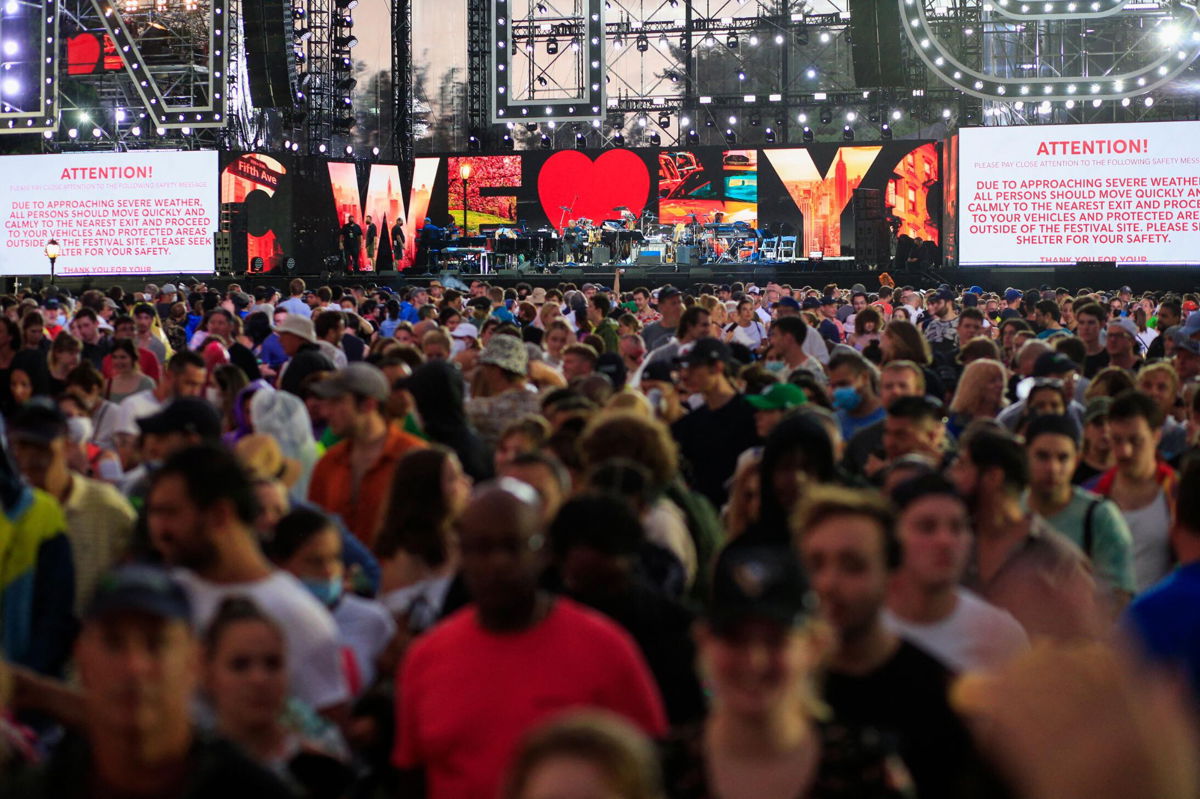 <i>Kena Betancur/AFP/Getty Images</i><br/>Thousands of people celebrating the return of New York City at a concert in Central Park were interrupted by severe weather ahead of Hurricane Henri's anticipated landfall