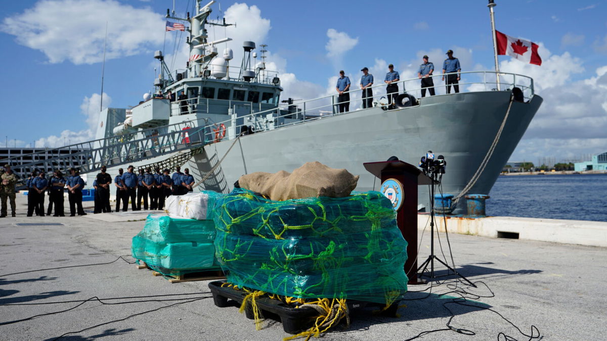 <i>Wilfredo Lee/AP</i><br/>The Coast Guard on Thursday offloaded the largest amount of illegal narcotics in its history. Crew members from the HMCS Shawinigan