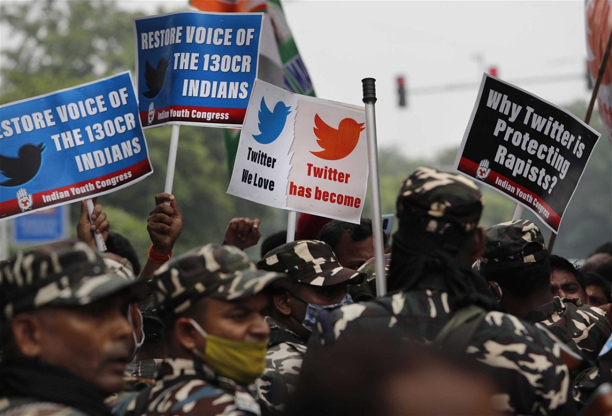<i>Manish Swarup/AP</i><br/>Youth congress party workers hold placards during a protest outside Twitter's office in New Delhi