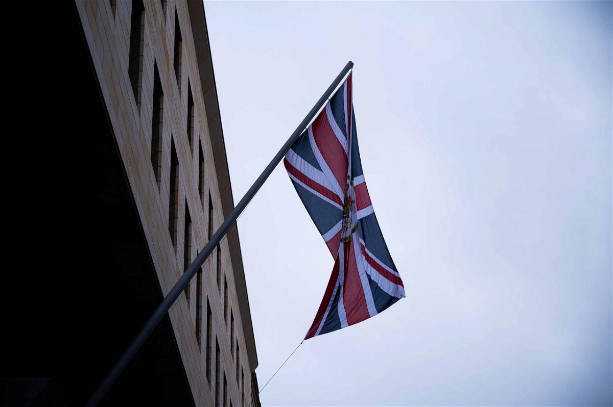 <i>Christophe Gateau/dpa/picture alliance/Getty Images</i><br/>A Union Jack hangs at the British embassy in Berlin. An embassy worker is suspected of having passed documents onto Russian intelligence and was arrested on Aug. 11.