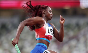 Lynna Irby of Team United States competes in the Women's 4 x 400m Relay heats on day thirteen of the Tokyo 2020 Olympic Games