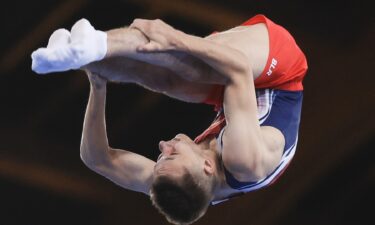 Ivan Litvinovich of Belarus competes in the men's trampoline gymnastics final during the Tokyo Olympics