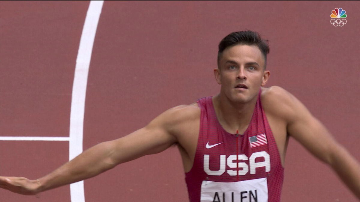 Devon Allen celebrates with dance after 110 hurdles semi win