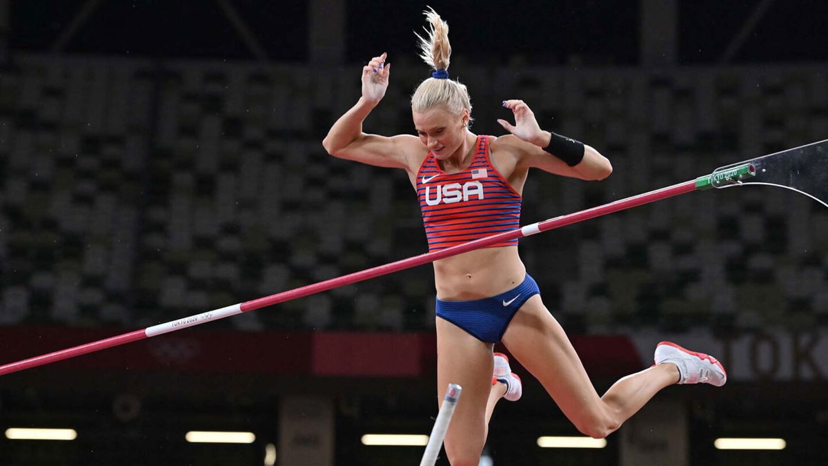 Katie Nageotte cheers as she qualifies for pole vault finals