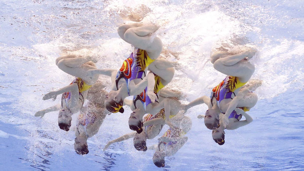 The Russian Olympic Committee artistic swimming team performs their routine submerged and upside down.