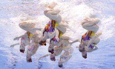 The Russian Olympic Committee artistic swimming team performs their routine submerged and upside down.