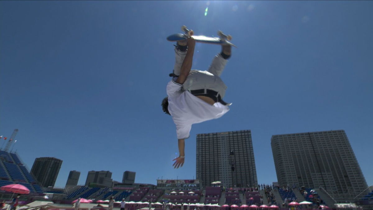 Olympic snowboarder Ayumu Hirano competes in skateboarding