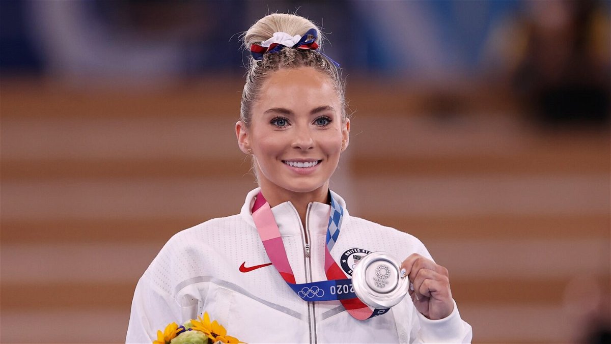 MyKayla Skinner poses with the silver medal she won in the women's vault event finals at the Tokyo Olympics
