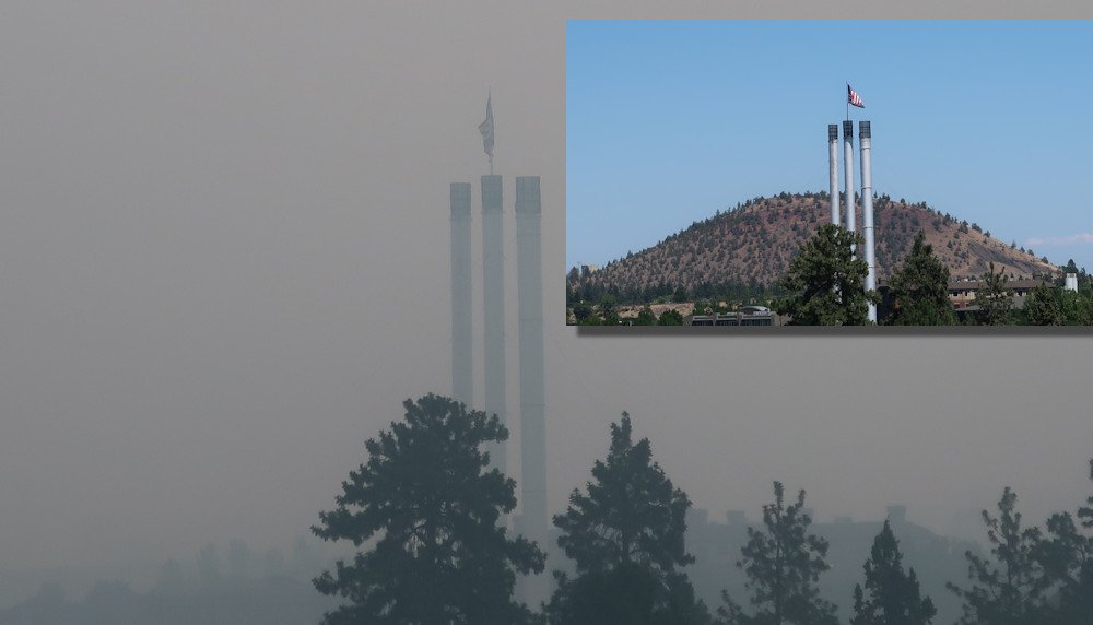 Early Sept. 2021 view of Bend Old Mill smokestacks amid hazardous wildfire smoke contrasts with same view in July that showed Pilot Butte in the distance