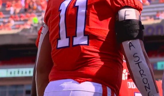 <i>WLOS</i><br/>Clemson defensive tackle Bryan Bresee writes Ella Strong on his arms for every game to pay homage to his sister battling brain cancer.