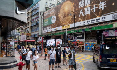 A Bitcoin banner advertisement is seen in Hong Kong