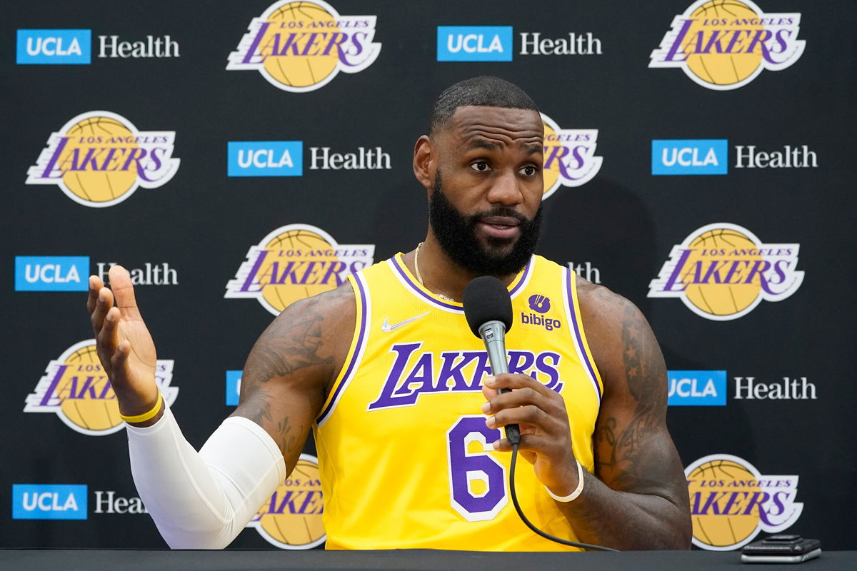 <i>Marcio Jose Sanchez/AP</i><br/>LeBron James fields questions during the Los Angeles Lakers media day on Tuesday