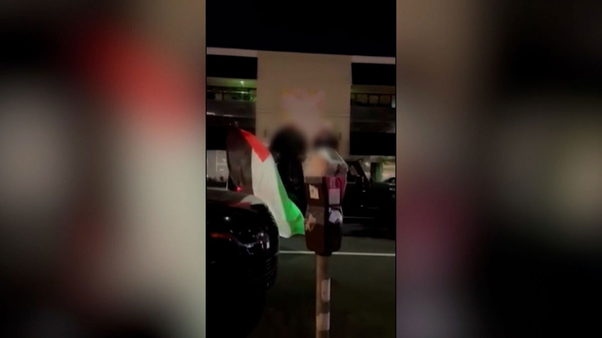 <i>Provided to CNN</i><br/>People waving Palestinian flags allegedly were involved in the altercation outside a Los Angeles restaurant.