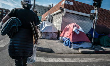 Tents line full blocks of Skid Row in Los Angeles.