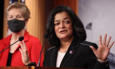 Rep. Pramila Jayapal (D-WA) speaks during a news conference with Sen. Elizabeth Warren (D-MA) to announce legislation that would tax the net worth of America's wealthiest individuals at the U.S. Capitol on March 1 in Washington