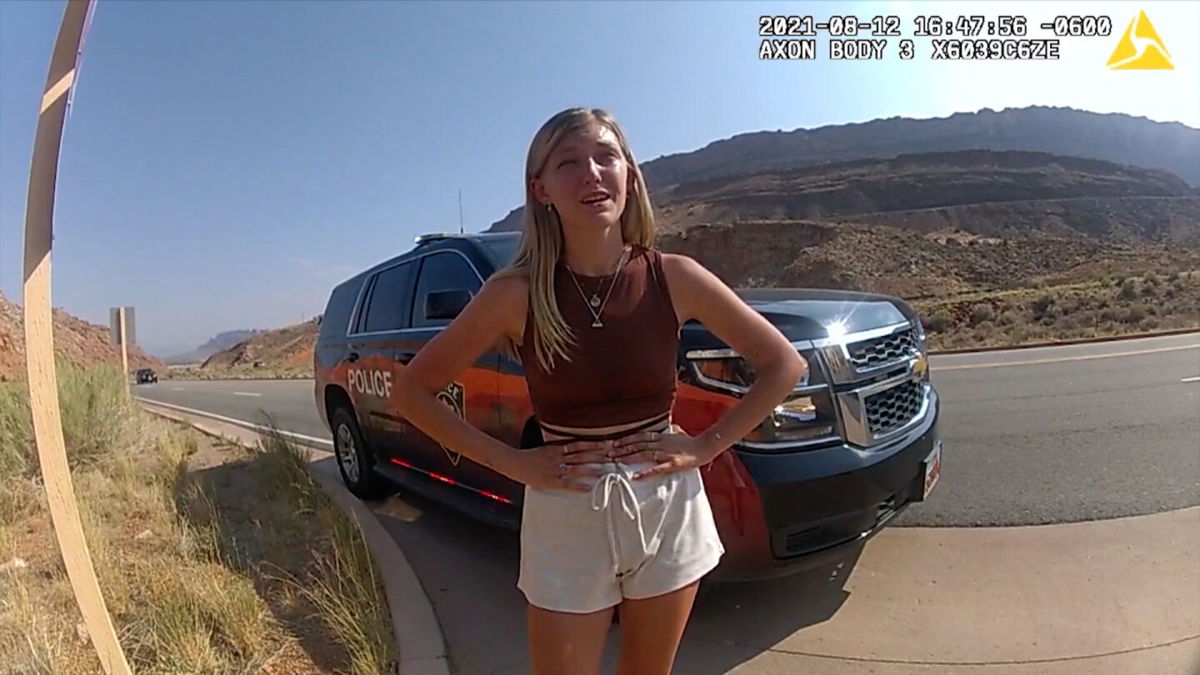 <i>Moab Police Department</i><br/>Bodycam footage from the Moab Police Department shows Gabby Petito while speaking with officers.