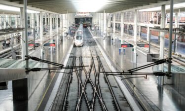 Train AVE of the Spanish rail operator RENFE on the tracks of Atocha Station on January 23