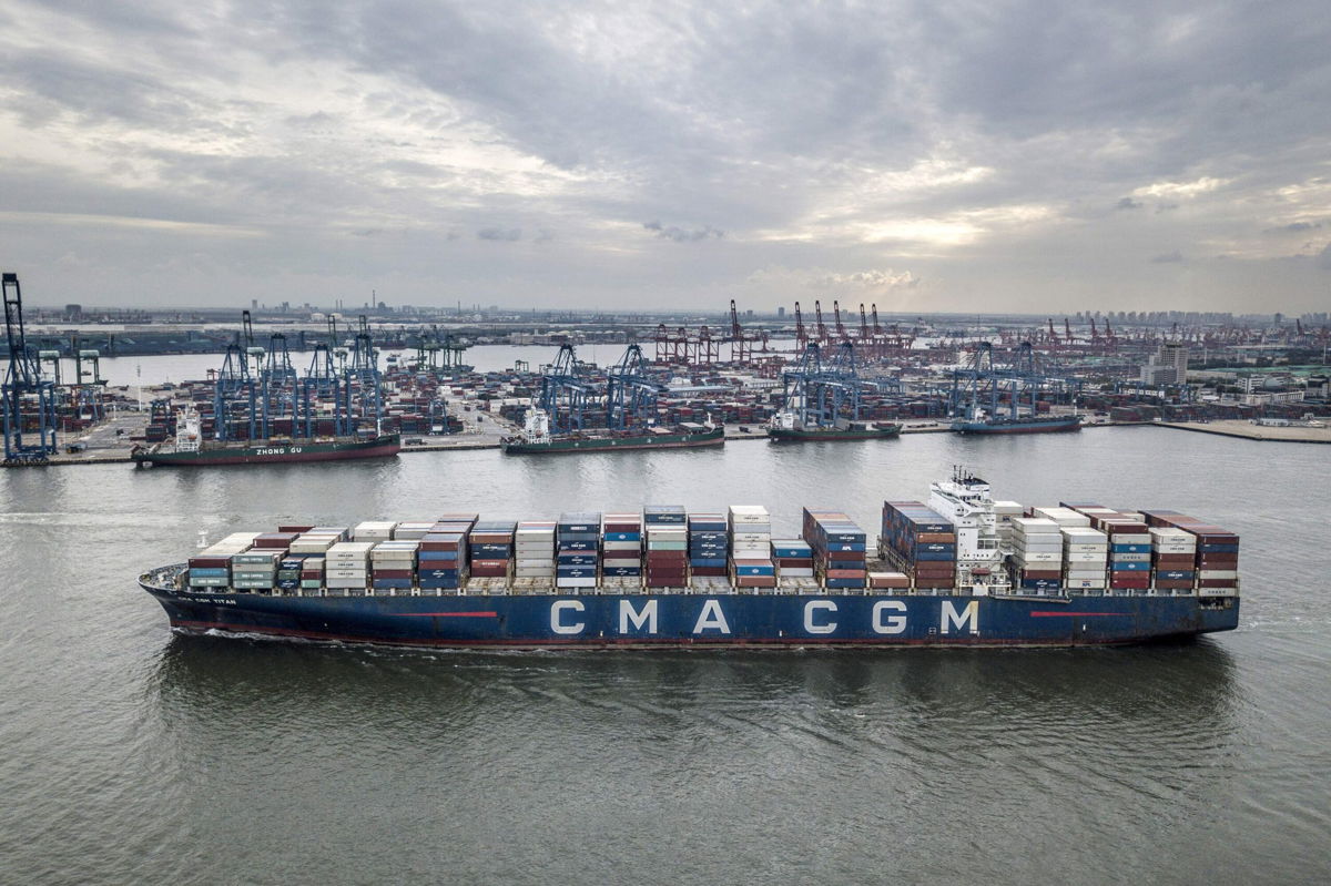 <i>Gilles Sabrie/Bloomberg/Getty Images</i><br/>China's trade hit record levels last month despite the global shipping crisis. A CMA CGM container ship here departs Tianjin Port in Tianjin
