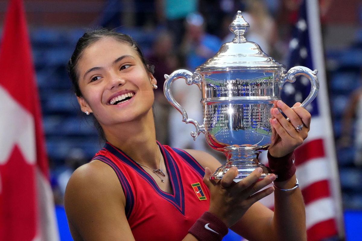<i>Timothy A. Clary/AFP/Getty Images</i><br/>Britain's Emma Raducanu celebrates winning the 2021 US Open.