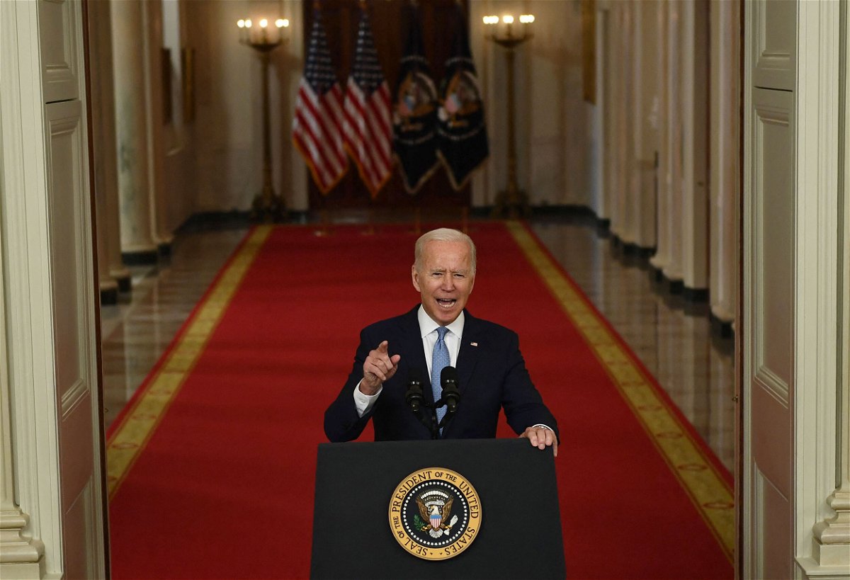 <i>Brendan Smialowski/AFP/Getty Images</i><br/>President Joe Biden speaks from the White House on ending the war in Afghanistan