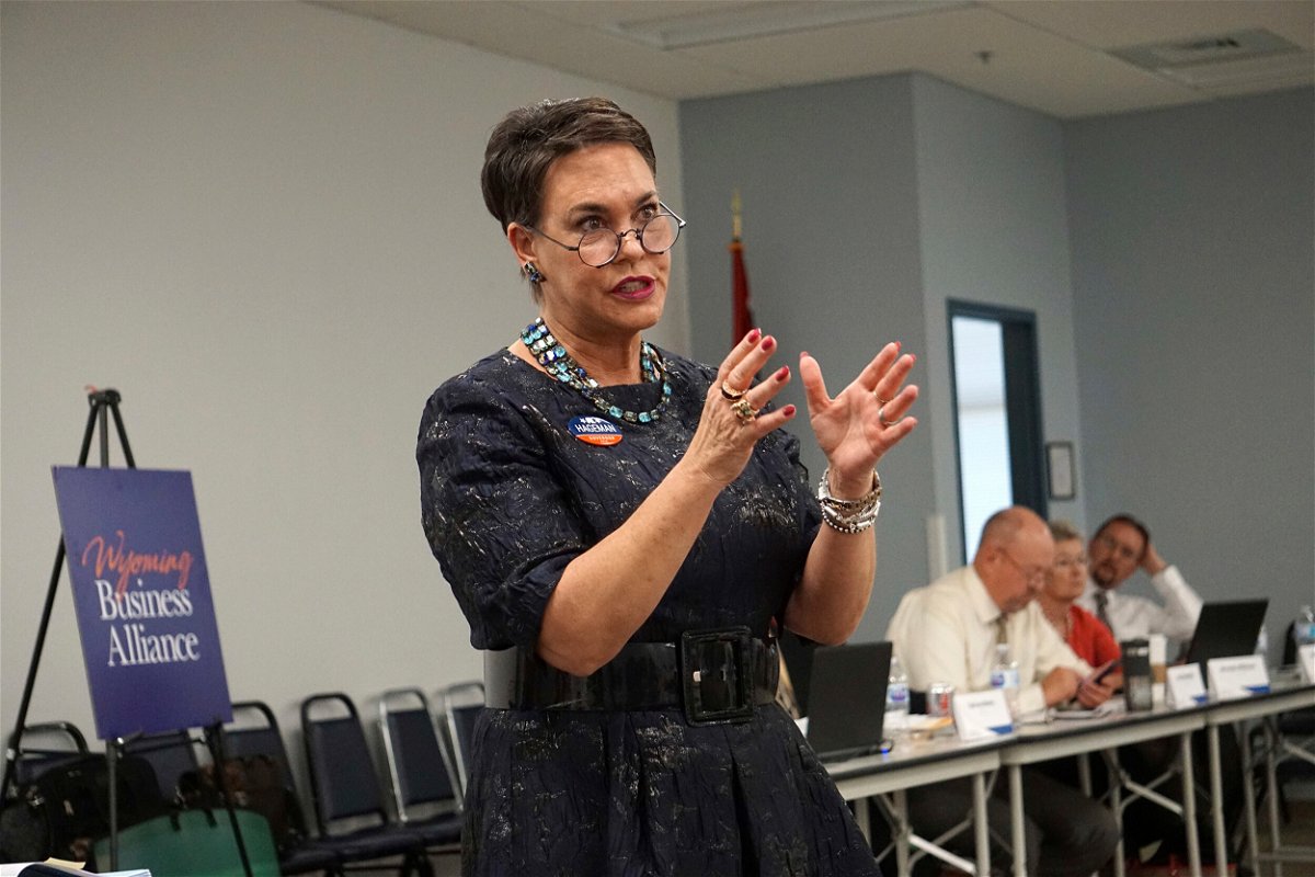 <i>Mead Gruver/AP/FILE</i><br/>Harriet Hageman addresses a meeting of the Wyoming Business Alliance in Casper