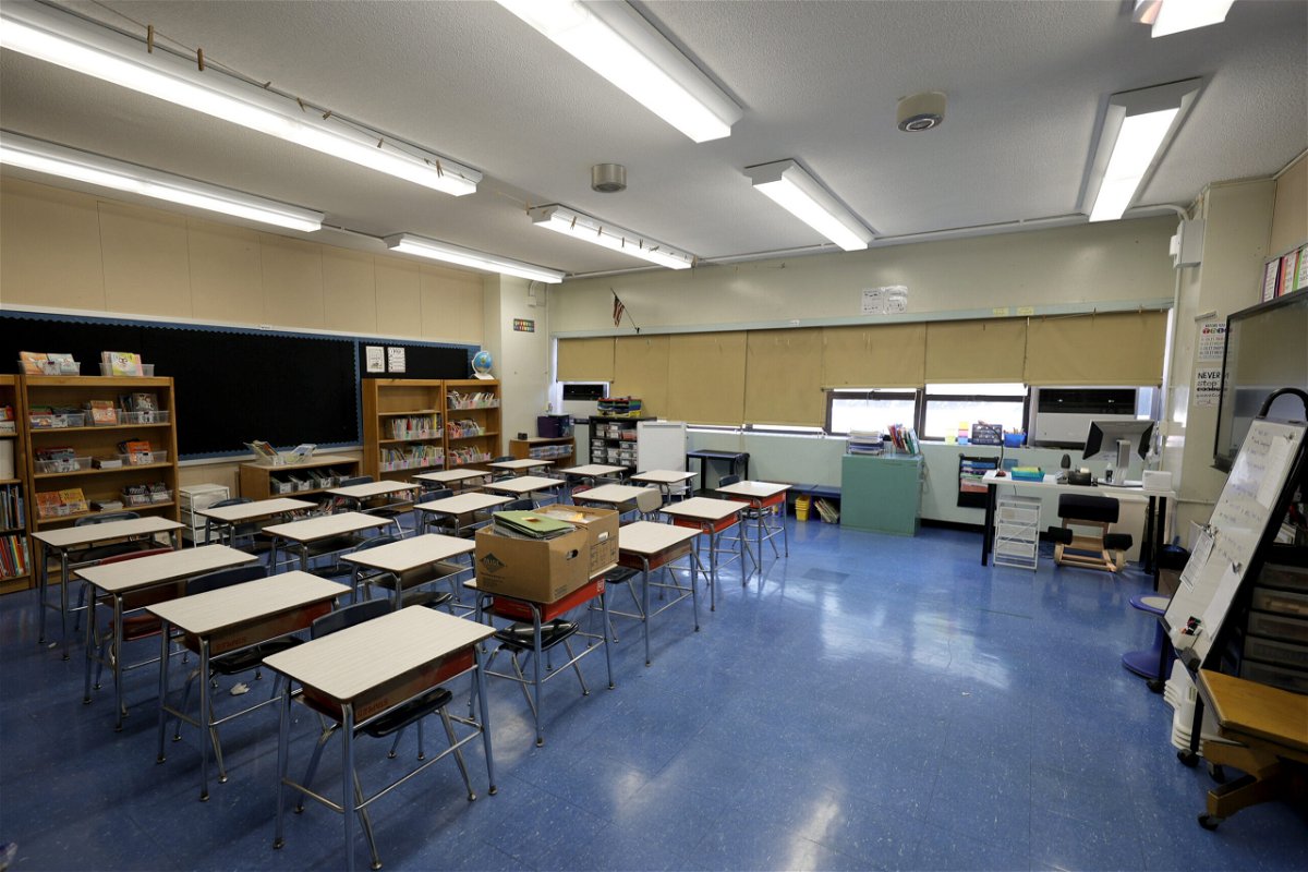 <i>Michael Loccisano/Getty Images</i><br/>An empty classroom at Yung Wing School P.S. 124 shows that a teacher has prepared for the start of the school year on September 2 in New York City.