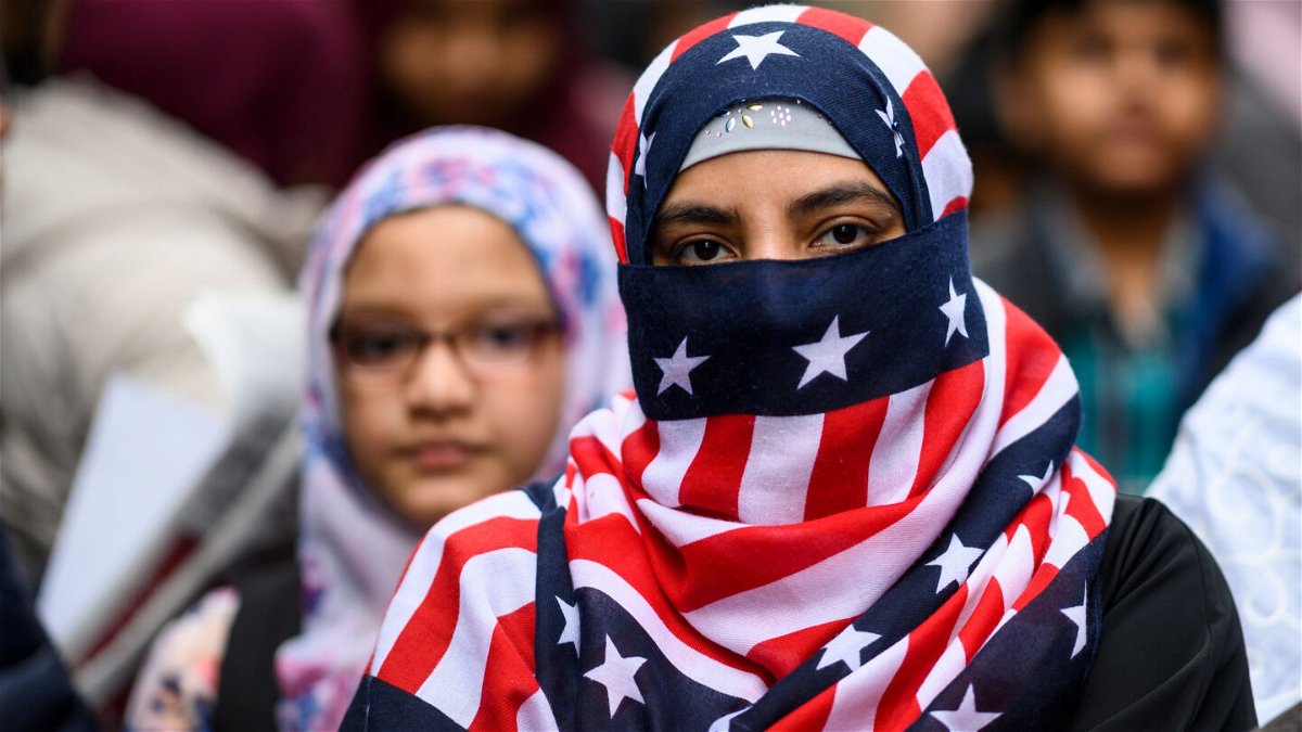 <i>JOHANNES EISELE/AFP via Getty Images</i><br/>Demonstrators take part in a protest against Islamophobia in New York City's Times Square  in 2019.