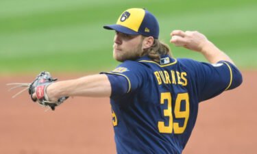 Milwaukee Brewers starting pitcher Corbin Burnes delivers a pitch in the first inning against the Cleveland Indians at Progressive Field on September 11.