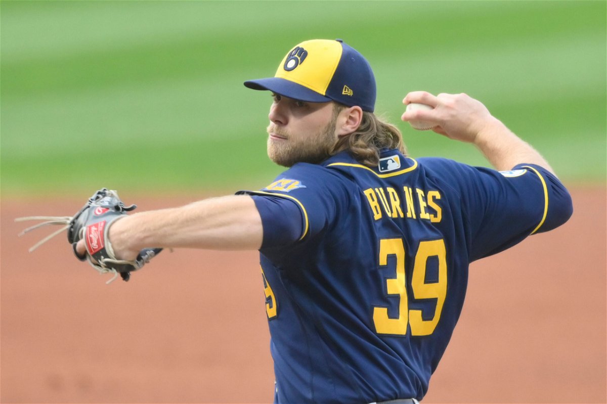 <i>David Richard/USA TODAY Sports</i><br/>Milwaukee Brewers starting pitcher Corbin Burnes delivers a pitch in the first inning against the Cleveland Indians at Progressive Field on September 11.