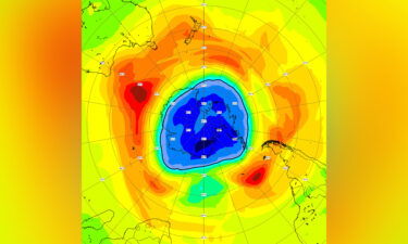 An ozone forecast chart centered on the Antarctic region. Areas colored yellow