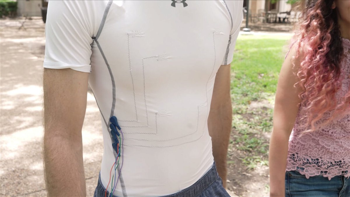 <i>From Rice University/YouTube</i><br/>Researchers at Rice University have developed carbon nanotube threads that can be sewn into normal athletic apparel and used to measure the wearer's heart rhythms.