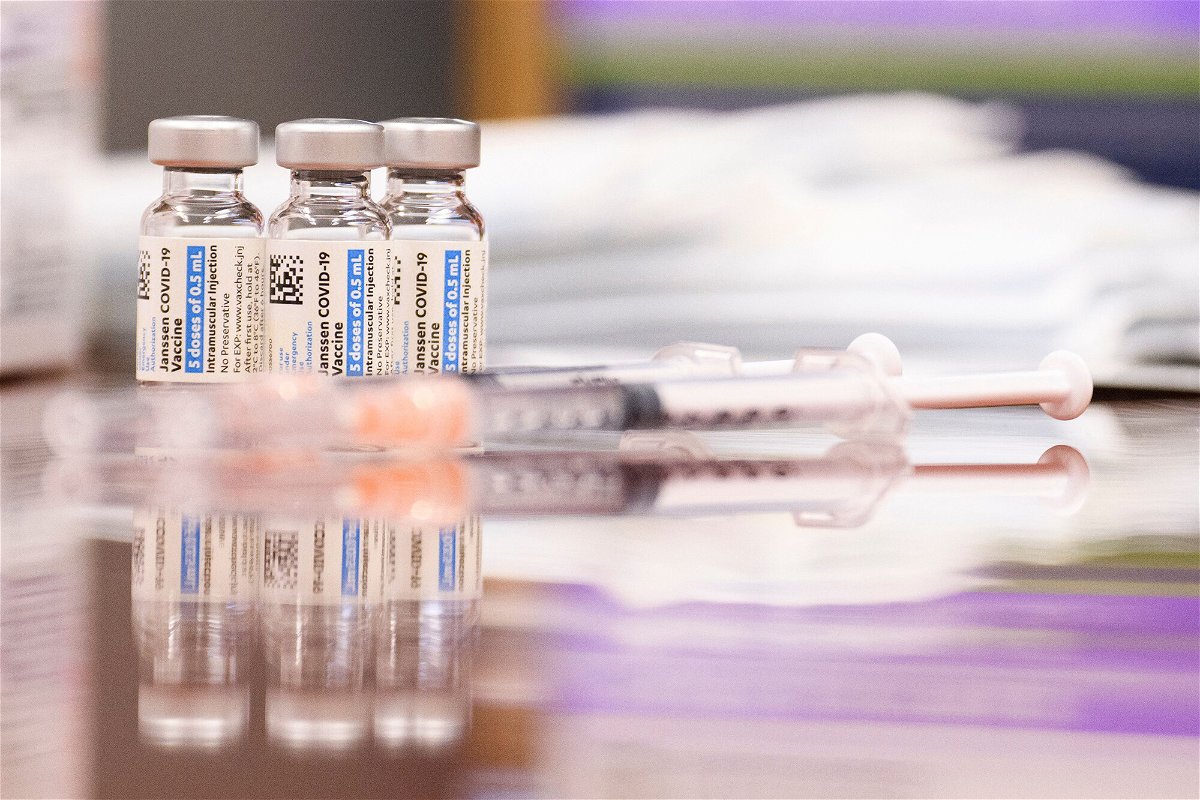 <i>Patrick T. Fallon/AFP/Getty Images</i><br/>Vials and syringes of the Johnson and Johnson Janssen Covid-19 vaccine are displayed at a Culver City Fire Department vaccination clinic on August 5