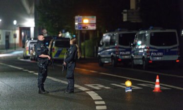 Police officers block a street in Hagen on Wednesday evening after warnings of a terror threat against a synagogue.