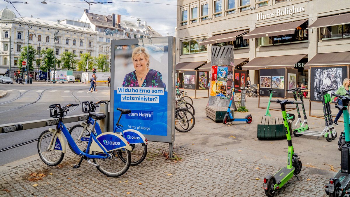 <i>ALI ZARE/NTB/AFP via Getty Images</i><br/>A billboard featuring an election poster of Norway's Prime Minister and leader of the conservative Hoyre party
