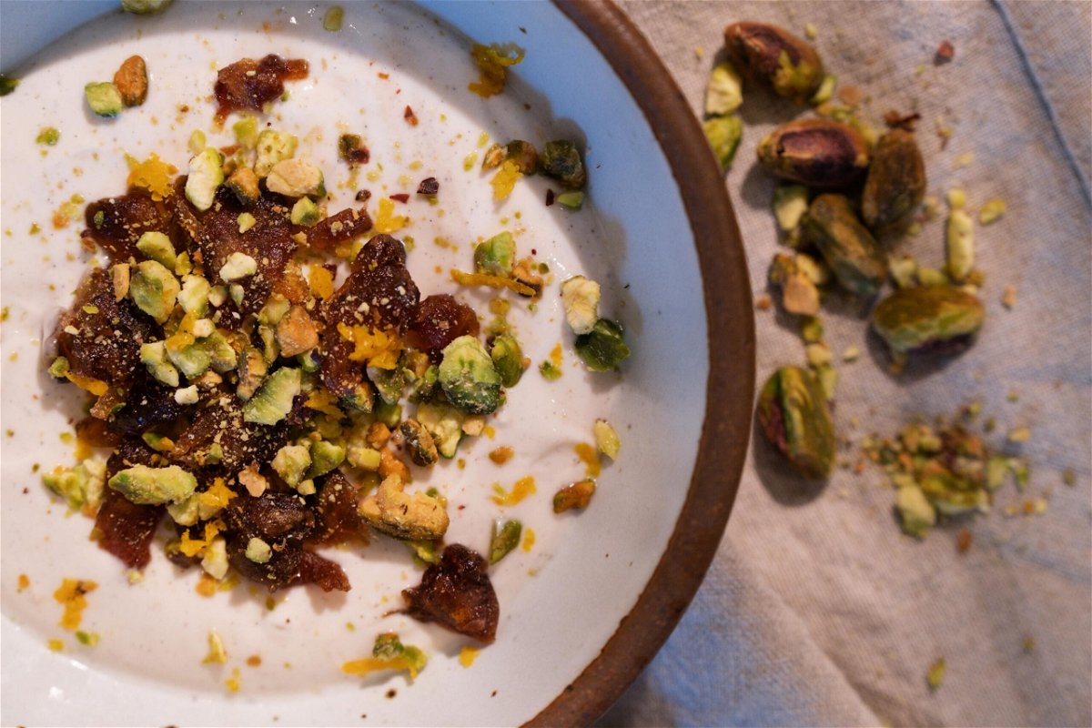 <i>Heather Fulbright/CNN</i><br/>Dates and pistachios give your breakfast yogurt a Mediterranean twist. Use whole-milk Greek yogurt for a creamier texture.