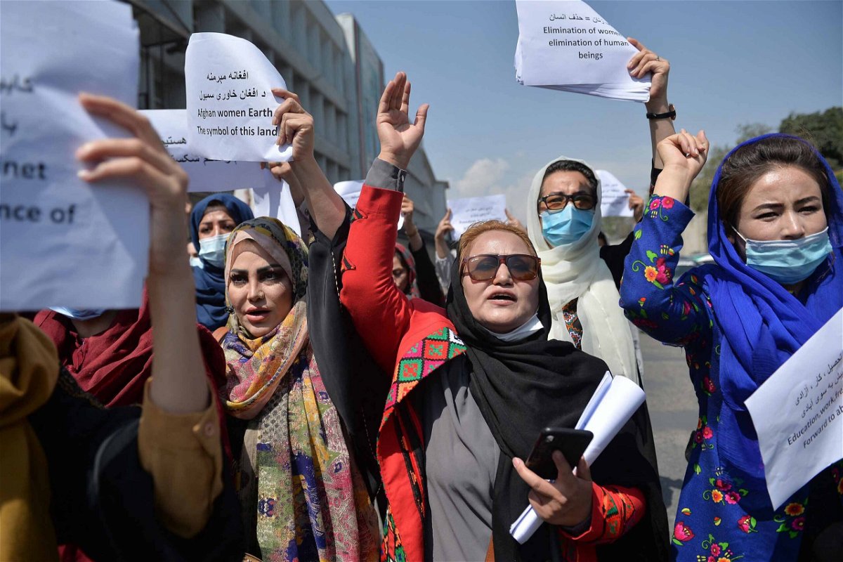 <i>HOSHANG HASHIMI/AFP/Getty Images</i><br/>Afghan women take part in a demonstration for their rights in Kabul on Sept. 3.
