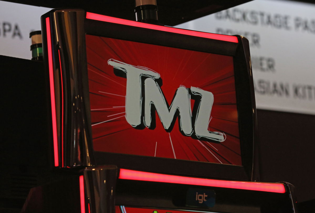 <i>Gabe Ginsberg/Getty Images</i><br/>A TMZ logo is displayed during the launch party for IGT's TMZ Video Slots on August 28