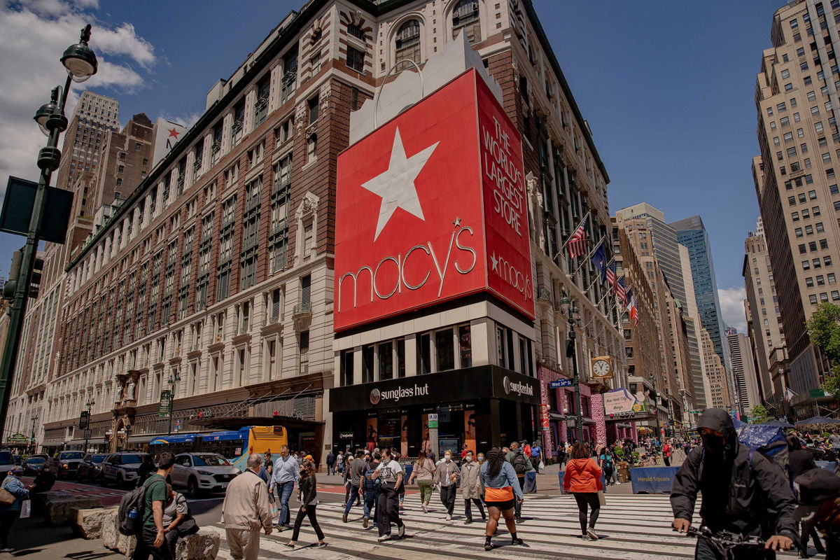 <i>Amir Hamja/Bloomberg/Getty Images</i><br/>Macy's sues to block an Amazon ad on the billboard next to its flagship store on 34th Street in Manhattan.