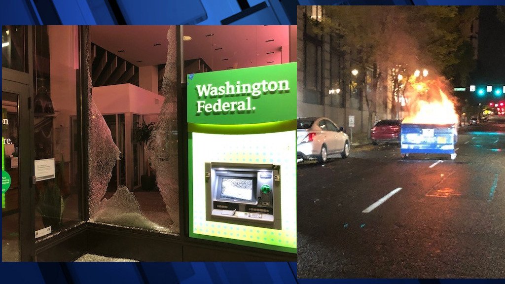 Bank damage, Dumpster set ablaze in downtown Portland Tuesday night