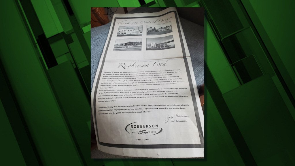 Robberson Ford took out full-page newspaper ad Sunday to announce Kendall Auto acquisition, thank community for its support over 64 years