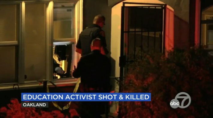 <i>KGO</i><br/>Police investigate the scene of a shooting that left an education activist dead.