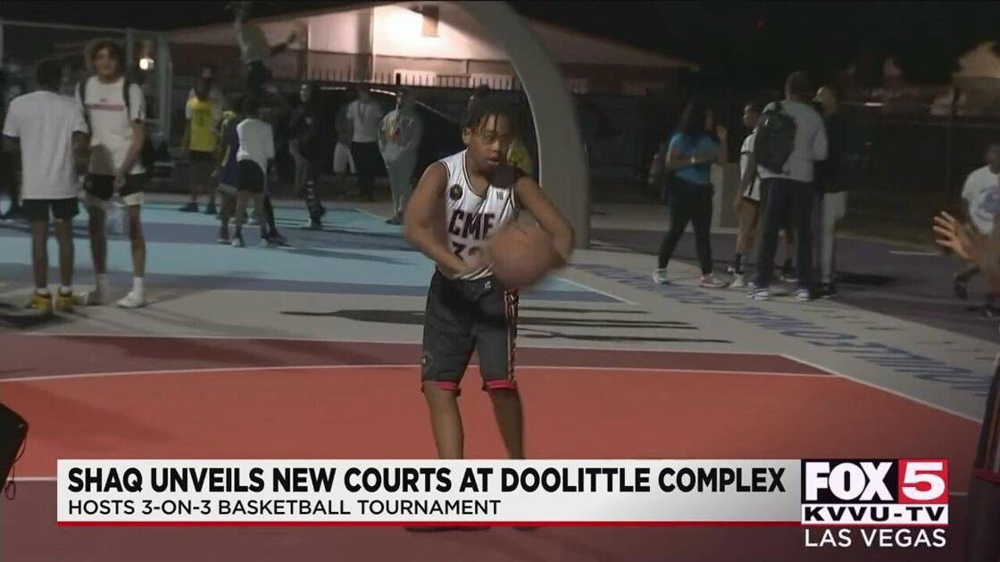 <i>KVVU</i><br/>A young man on October 23 shoots baskets on a court donated by former Los Angeles Lakers great Shaquille O'Neal's nonprofit group.