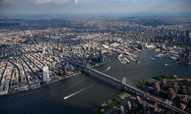 An aerial general view shows the Williamsburg Bridge connecting Brooklyn and Manhattan