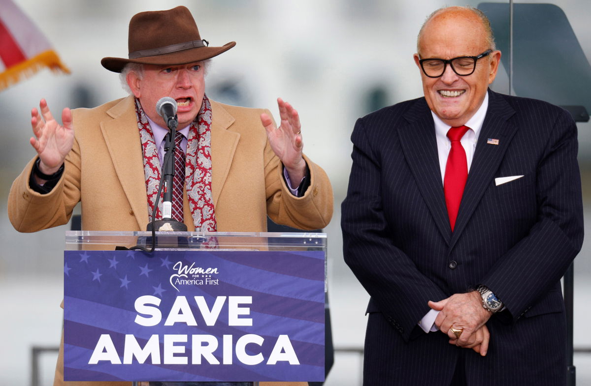 <i>Jim Bourg/Reuters</i><br/>Attorney John Eastman gestures as he speaks next to then-US President Donald Trump's personal attorney Rudy Giuliani